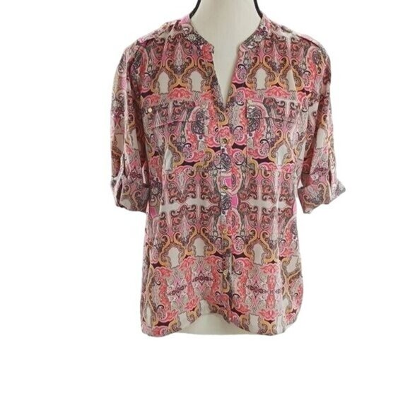 Charter Club Blouse Pink Paisley Retro Roll Tab Sleeve Button Down Size Small - Picture 1 of 5
